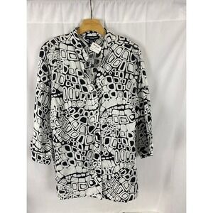 Black White Geometric Print Button Up‎ Long Sleeve Tunic Top Blouse Shirt M